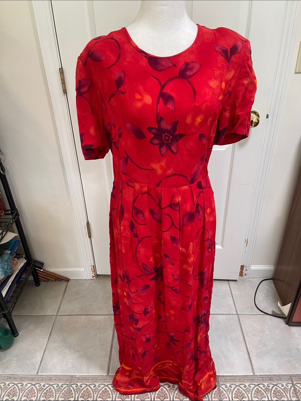 SL Fashions Red Floral Short-Sleeve Maxi Dress Sz 14